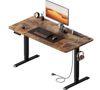 HLFURNIEU Bureau Assis Debout Electrique, 140 x 60 cm, Table Reglable Hauteur, avec Prise Intégrée, Port USB, 3 Positions Mémorisables, Marron Vintage