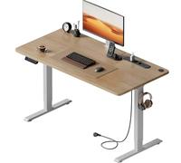 HLFURNIEU Bureau Assis Debout Electrique, 140 x 60 cm, Table Reglable Hauteur, avec Prise Intégrée, Port USB, 3 Positions Mémorisables, Couleur du Bois
