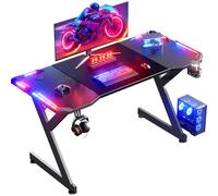 HLFURNIEU Bureau Gaming LED 120 x 60 cm, Bureau Gamer avec Plateau en Fibre de Carbone, Table d'Ordinateur Ergonomique avec Porte Gobelet et Crochet pour Casque, Noir