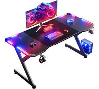 HLFURNIEU Bureau Gaming LED 160 x 60 cm, Bureau Gamer avec Plateau en Fibre de Carbone, Table d'Ordinateur Ergonomique avec Porte Gobelet et Crochet pour Casque, Noir