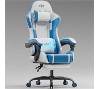 HLFURNIEU Chaise Gaming Massante, Fauteuil Gaming avec Coussin à Ressorts Ensachés, Chaise Gamer avec Coussin Lombaire Massant et Repose-Pieds, Appui-tête, Siège Gaming Blanc et Bleu