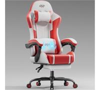 HLFURNIEU Chaise Gaming Massante, Fauteuil Gaming avec Coussin à Ressorts Ensachés, Chaise Gamer avec Coussin Lombaire Massant et Repose-Pieds, Appui-tête, Siège Gaming Blanc et Rouge