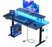 HLFURNIEU LED Bureau Assis Debout Electrique 120 x 60 cm, Bureau Gaming avec Prise Intégrée & Port USB, Table Ordinateur avec Support d'Écran, 3 Contrôle à Fonctions Mémoires, Table Gaming Noir