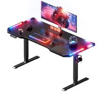 HLFURNIEU LED Bureau Assis Debout Electrique 140 x 60 cm, Bureau Gaming avec 3 Contrôle à Fonctions Mémoires, Table Reglable Hauteur avec Surface en Fibre de Carbone, Table Gaming Noir
