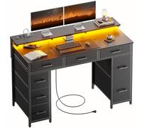 HLFURNIEU LED Bureau avec 8 Tiroirs en Tissu, 120 × 50 cm Bureau Gaming avec Rangement, Prise Intégrée & Ports USB, Table Ordinateur Support Ecran, pour Étudier, Travailler et Jouer, Table Gamer Noir