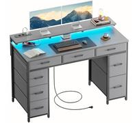 HLFURNIEU LED Bureau avec 8 Tiroirs en Tissu, 120 × 50 cm Bureau Gaming avec Rangement, Prise Intégrée & Ports USB, Table Ordinateur Support Ecran, pour Étudier, Travailler et Jouer, Table Gamer Gris