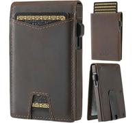 HLHGR Portefeuille fin minimaliste pour homme avec pince à billets et fentes en cuir véritable, blocage RFID, étui pour cartes à puce en métal et aluminium, Cuir Crazy Horse Marron foncé,