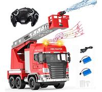 Hlieeosfcn Toys Fire Fighter, Voiture de pompiers, 1:24, 7 canaux, avec piles doubles, lumière et son, 3-6-10 avec fonction éclaboussures d'eau, escalier, 3-6-10 enfants