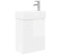 hliofuir Lavabo avec lavabo et robinet - Montage mural - Blanc brillant | Meuble bas compact pour salle de bain et WC d'invités avec porte réversible, lavabo en céramique et kit de vidange pratique.