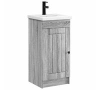 hliofuir Lavabo avec robinet de lavabo Gris Sonoma 42 x 40 x 84,5 cm | Ensemble compact pour salle de bain d'invités et petites pièces : base en bois avec bouton en métal noir et compartiment de