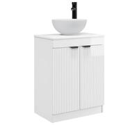 hliofuir Meuble de salle de bain avec lavabo Blanc brillant 54 x 35 x 83 cm | Lavabo compact pour toilettes d'invités et salle de bain avec porte battante à 90 degrés, poignée noire et système de vidange