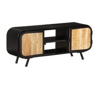 hliofuir Meuble TV industriel en bois de manguier brut 110 x 30 x 45 cm | Meuble bas rustique au design industriel avec 2 compartiments ouverts et étagères pour salon et chambre à coucher.