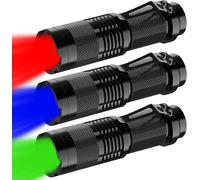 HLJHJ-Lot de 3 lampes de poche LED rouge, vert et bleu, mise au point réglable, 4 modes d'éclairage, super lumineuse, étanche, taille de poche, petite lampe de poche pour coupure de courant, urgence,