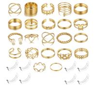 HLMYER Lot de 22 bagues dorées pour femme et 8 ajusteurs, vintage doré, simple, empilable, coussinets autocollants invisibles, ajusteurs de taille de bague pour bagues lâches