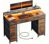 HLONONE Escritorio con 8 Cajones de Tela, 120 × 50 cm Mesa Gaming LED con Enchufes & Puertos USB, Mesa Gamer, Marrón