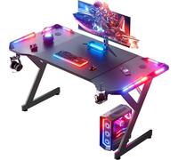 HLONONE LED Bureau Gaming 120 x 60 cm, Bureaux Informatique Ergonomique avec Porte-gobelet et Crochet pour Casque, Bureau Gamer avec Plateau en Fibre de Carbone, Table Gaming Noire