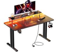 HLONONE Mesa Gaming LED 160 x 60 cm, Escritorio Gaming con Toma de Corriente y Soporte para Monitor, Negro