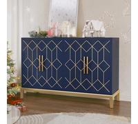 HLR Armoire d'appoint de 122 cm avec 4 portes et étagères, armoire de rangement moderne Credenza avec bordure dorée, buffet pour salon, cuisine, salle à manger, couloir, bleu