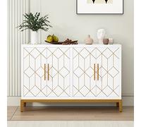 HLR Meuble d'appoint avec 4 portes et étagères, buffet avec bordure dorée, rangement blanc moderne pour salon, entrée, cuisine, salle à manger, couloir