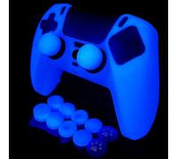 HLRAO Coque de protection antidérapante en silicone bleu brillant dans le noir compatible avec manette PS5/Slim/Pro, 8 capuchons de pouce à paillettes et 2 capuchons de poignée.