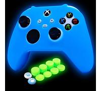 HLRAO Coque en Silicone Bleu pour Manette Xbox Series X/S phosphorescente en Caoutchouc Souple antidérapant avec 8 Capuchons phosphorescents + 2 Capuchons Mignons en Forme de Patte de Chat.