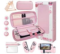 HLRAO Kit d'accessoires pour étui de transport rose Sakura compatible avec Nintendo Switch.Housse de protection pour interrupteur rose, support réglable,protecteur d'écran et jolies poignées de pouce.