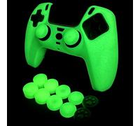 HLRAO Skin de manette de PS5 à paillettes phosphorescentes en silicone vert, compatible avec PS5/Slim/Pro, 8 poignées brillantes à paillettes et 2 accessoires