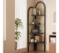 Hltdzer Bibliothèque d'angle Autoportante À 4 Niveaux avec Cadre en Bois Massif Étagère de Rangement À Affichage Ouvert Triangulaire en Rotin Bibliothèque Étroite(C)