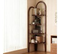 Hltdzer Bibliothèque d'angle Autoportante À 4 Niveaux avec Cadre en Bois Massif Étagère de Rangement À Affichage Ouvert Triangulaire en Rotin Bibliothèque Étroite(A)