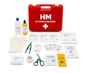 HM Boîte de premiers secours d'entreprise, conforme au D.M. 388/03 annexe 2, mallette rigide rouge, support mural inclus, pour bureaux, magasins, laboratoires et petites entreprises