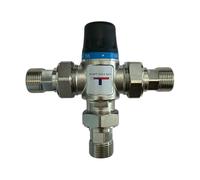 HM | Vanne mélangeuse thermostatique solaire 1" laiton chromé, 3 rallonges 3/4" mâle | Réglage 35-60°C, pour eau chaude et froide | Installation facile, pour chauffe-eau et systèmes solaires