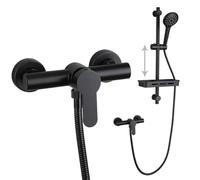 HMAKGG Colonne de Douche Noir avec Douchette à Main 3 Jets, Barre de Douche, Support Pommeau de Douche avec Porte-Savon et Flexible 1,5m, Ensemble Douche Murale