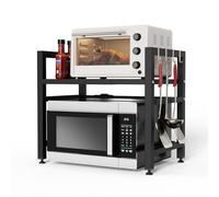 HMAKGG Etagere Micro Onde Extensible, Support Micro Onde Noir pour Cuisine Rangement, 2 Niveaux, 4 Crochets, Réglable Hauteur 32/42cm, Extensible 40-64cm, Etagere Cuisine en Acier au Carbone