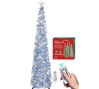 HMASYO Sapin de Noël artificiel pliable avec 100 lumières LED à minuterie et télécommande, alimenté par USB, flocons de neige décoratifs, décoration pour maison, bureau, fête, 1,8 m, bleu