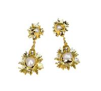 HMCOCOOFM White Pearl Clear Quartz Flower Yellow Plated Dangle Earrings Gifts For Women