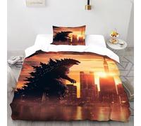 HMELTDIM Paysage Urbain Godzilla Housse De Couette 2 Pièces Animal Themes Wildlife Imprimé De Couvre-Lit Microfibre Adulte avec Fermeture Éclair Et Taies d'oreiller Single(135x200cm)