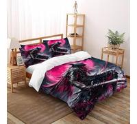HMELTDIM Red Moon Chevalier Housse De Couette 3 Pièces 3D Motif Imprimé BattleChevalier Linge De Lit Microfibre Adulte avec Fermeture Éclair Et Taies d'oreiller Double（200x200cm）