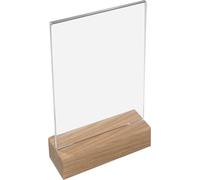HMF 46940 Présentoir de table avec pied en bois Din A6 acrylique, support pour cartes de menu, format vertical, 10,5 x 18 x 4 cm