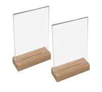 HMF 46942 Présentoir de table en acrylique avec pied en bois | Porte-affiche DIN A5 format portrait | Présentoir de buffet apéritif transparent | 2 pièces