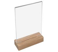 HMF 46942 Présentoir de table en acrylique avec pied en bois | Porte-affiche DIN A5 format portrait | Présentoir de buffet apéritif transparent