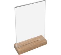 HMF 46944 Présentoir de table avec pied en bois Din A4 acrylique, support pour cartes de menu, format vertical, 21 x 33 x 6 cm