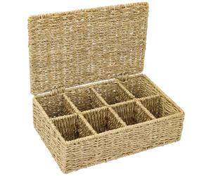 HMF Boîte à thé en jonc de mer avec 8 compartiments pour le rangement de sachets de thé, panier de rangement comme organiseur pour cuisine, salle de bain, espace de vie | 33 x 21 x 10 cm | Naturel