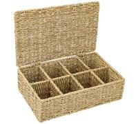 HMF boîte à thé en jonc de mer tressé avec 8 compartiments pour sachets de thé, panier de rangement avec couvercle, organiseur pour cuisine, salle de bain, espace de vie, 33 x 21 x 10 cm