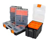 HMF Boîte de rangement, 4 pièces, vide, pour outils et petites pièces, 49 compartiments, couvercle transparent, noir/orange