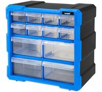 HMF Boîte de rangement pour petites pièces avec 12 tiroirs, Boîte d’assortiment pour vis et outils | 24 compartiments | 26,5 x 26,5 x 16 cm | Bleu-Noir