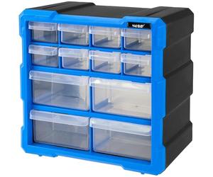 HMF Boîte de rangement pour petites pièces avec 12 tiroirs, Boîte d’assortiment pour vis et outils | 24 compartiments | 26,5 x 26,5 x 16 cm | Bleu-Noir