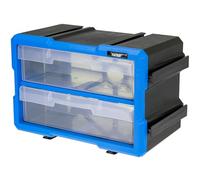 HMF Boîte de rangement pour petites pièces avec 2 tiroirs, mallette de rangement extensible pour vis et outils | 4 compartiments | 29,5 x 19,5 x 16 cm | bleu-noir