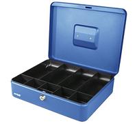 HMF Caisse à monnaie verrouillable, Boîte à argent avec 5 compartiments à pièces et 4 compartiments à billets, 30 x 24 x 9 cm | Bleu