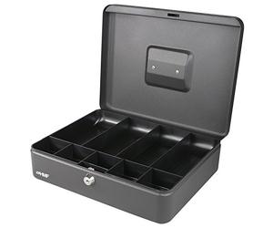 HMF Caisse à monnaie verrouillable, Boîte à argent avec 5 compartiments à pièces et 4 compartiments à billets, 30 x 24 x 9 cm | Noir