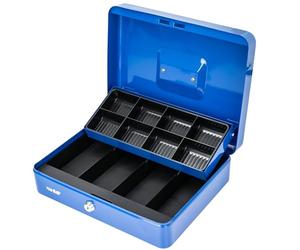 HMF Caisse à monnaie verrouillable, Boîte à argent avec 8 compartiments à pièces et 4 compartiments à billets, 30 x 24 x 9 cm | Bleu